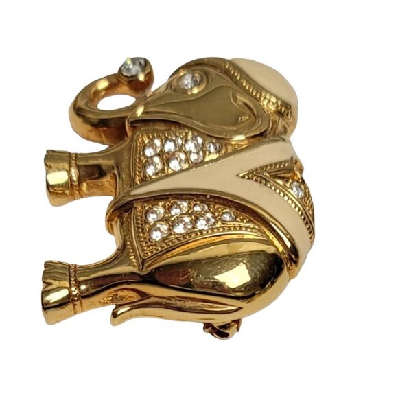 Vintage KJL For Avon Cream Enamel Clear Rhinestone Elephant Brooch Pendant - Picture 5 of 10